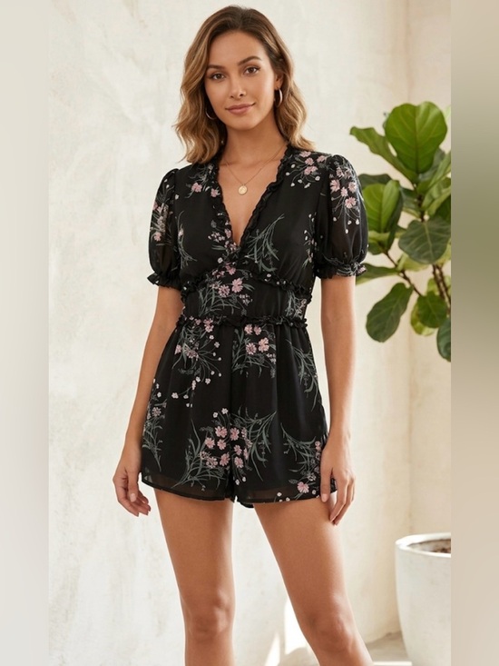 Mi Ami Pants - mi ami sold at Francesca’s Black Floral V-Neck Romper - sz small